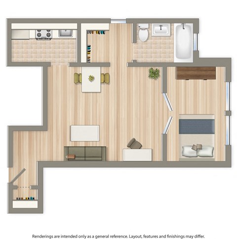 a studio apartment floor plan rendering at eddystone apartments in washington dc